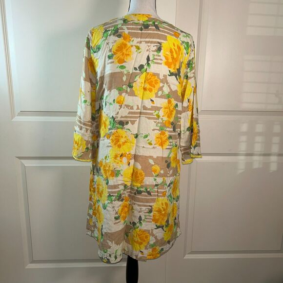 Isaac Mizrahi Live! Linen Blend Floral Dress Yellow Roses Size L Boho Tunic - Picture 7 of 8